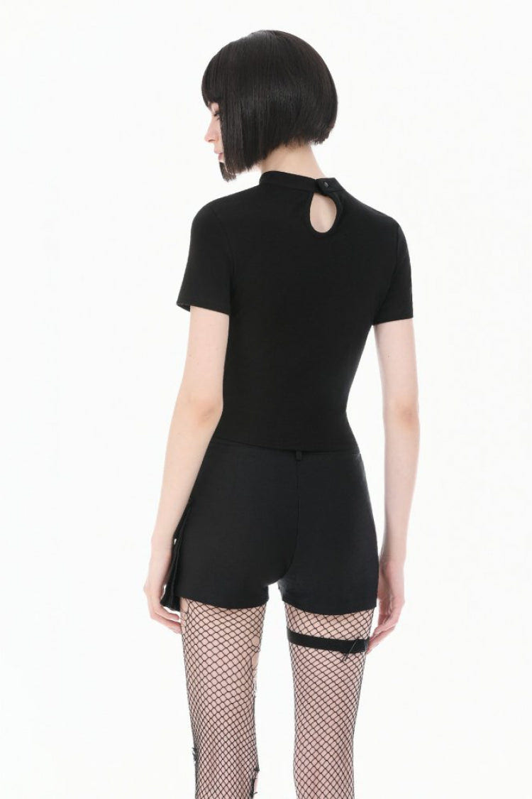 Black Short Sleeves Cut-Out Spider Cobweb Sheer Mesh Women's Gothic Top - Product - 4