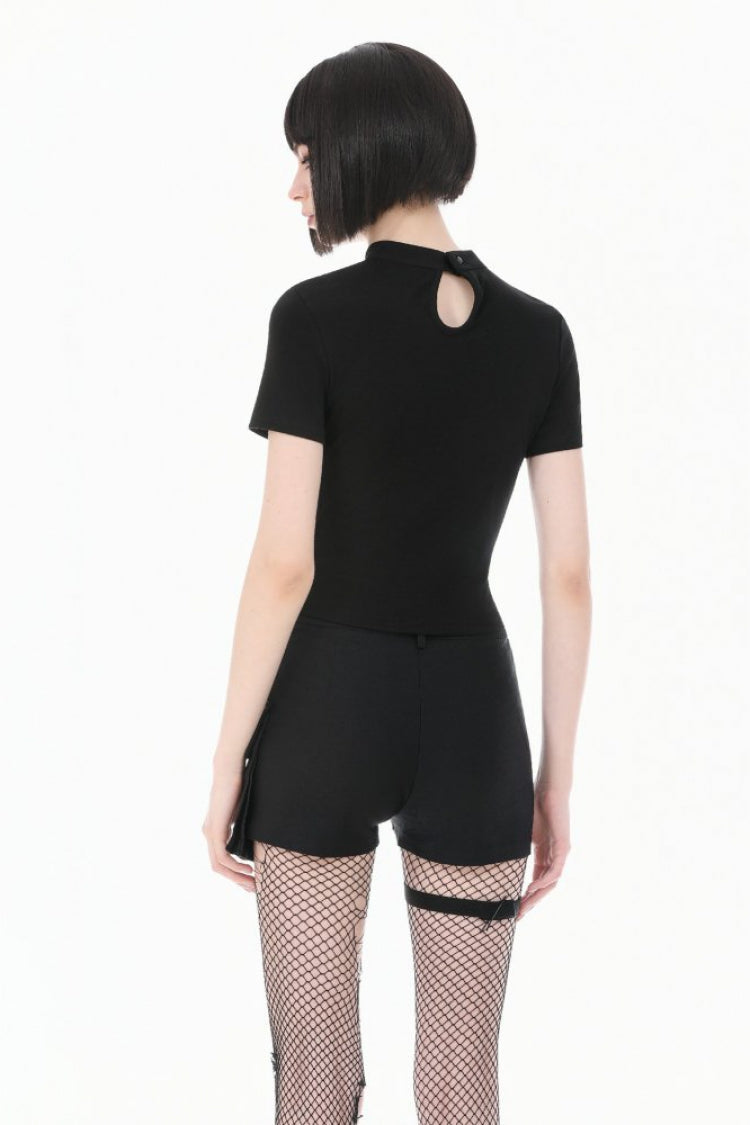 Black Short Sleeves Cut-Out Spider Cobweb Sheer Mesh Women's Gothic Top - Product - 4