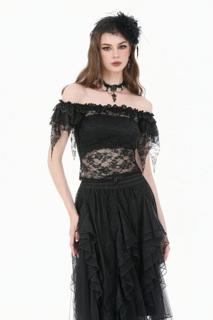 Black Off Shoulder Floral Sheer Lace Women's Gothic Top - Black - 1