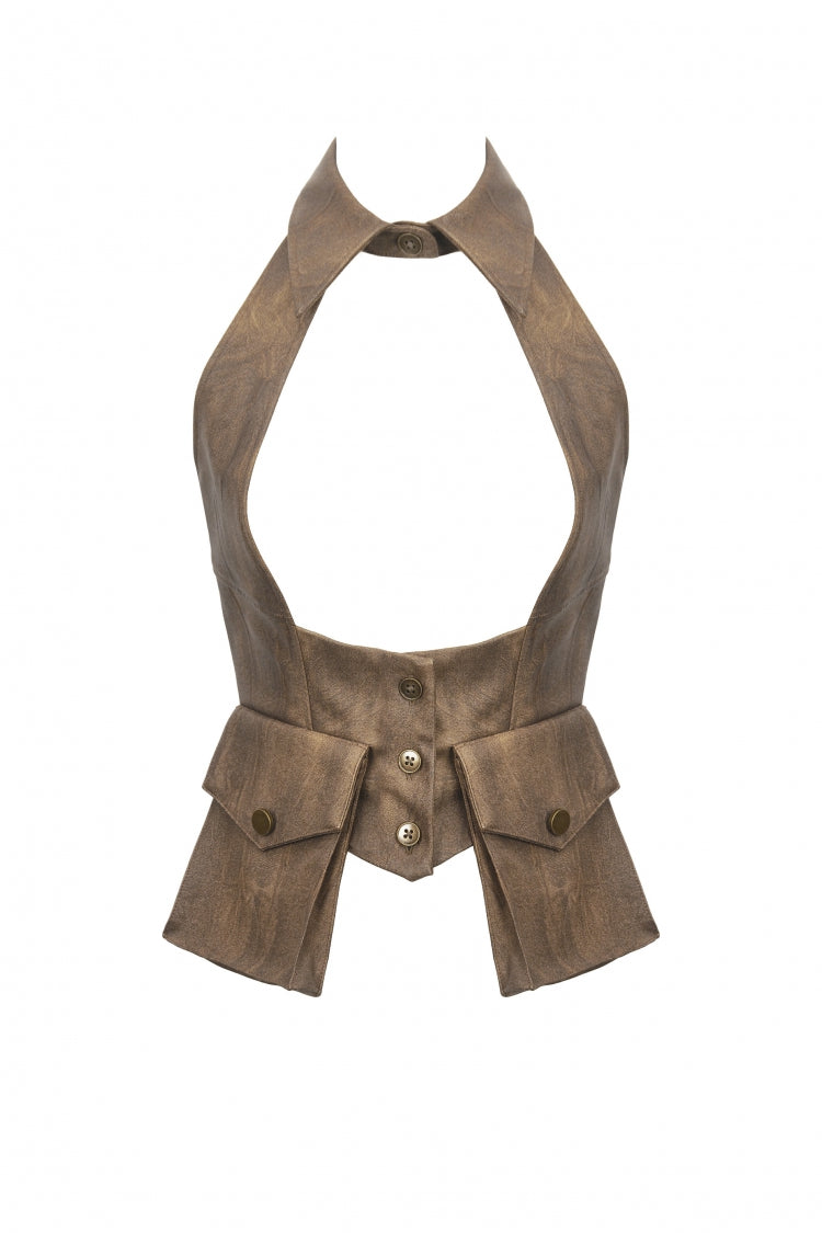 Brown Point Lapel Collar Sleeveless Women's Steampunk Utility Vest with Cargo Pockets - Product - 3