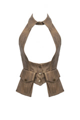 Brown Point Lapel Collar Sleeveless Women's Steampunk Utility Vest with Cargo Pockets - Product - 3