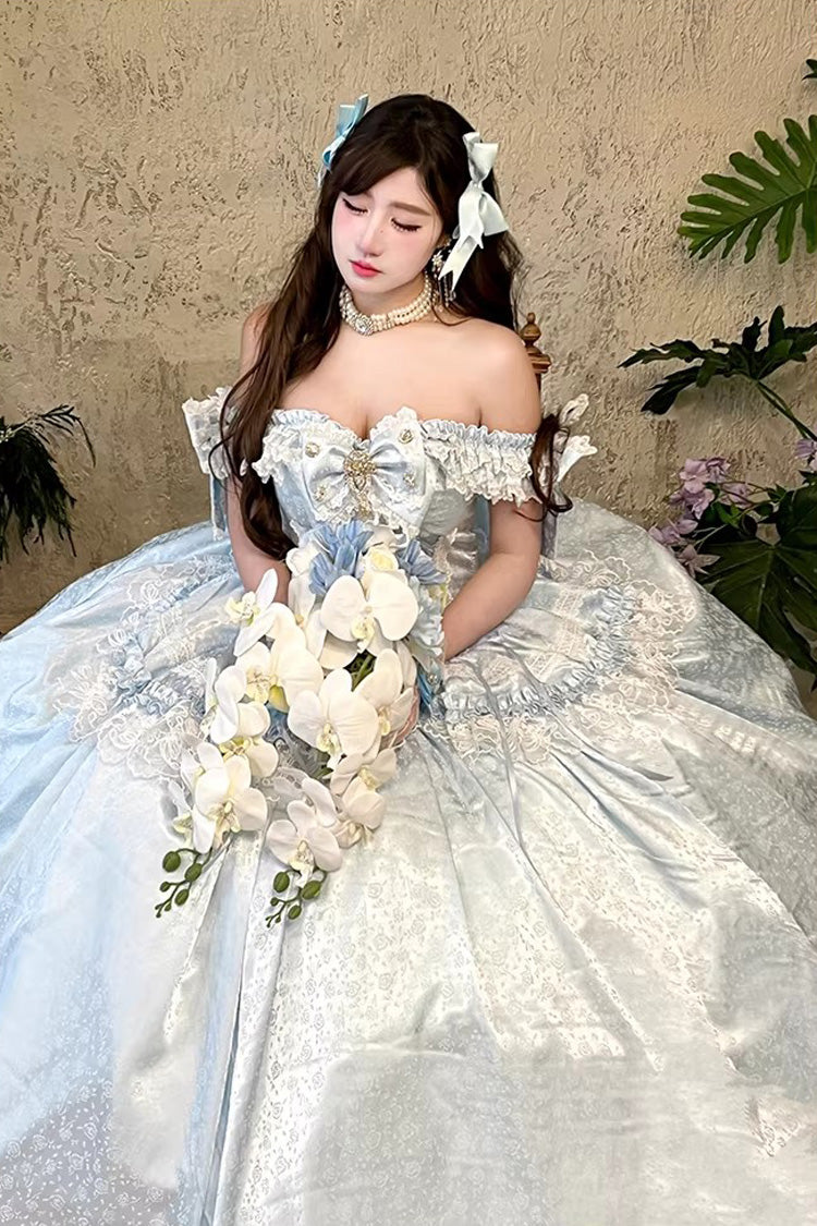 [White Moonlight Lover] Romantic Commemorative Ceremony Sleeveless Ruffled Bow Lace Lace-Up Sweet Elegant Lolita Strapless Dress 3 Colors - Light-Blue - 4