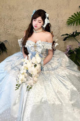 [White Moonlight Lover] Romantic Commemorative Ceremony Sleeveless Ruffled Bow Lace Lace-Up Sweet Elegant Lolita Strapless Dress 3 Colors - Light-Blue - 4