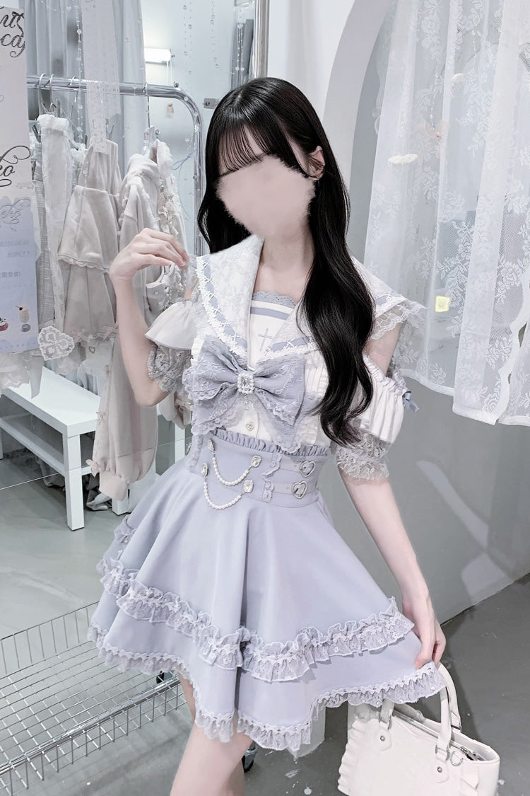 Aqua [Apprentice Witch] Off Shoulder Navy Collar Short Sleeves Ruffled Bow Lace Pearl Detail Classic Jirai Kei Japanese Skirt Set - Product - 10