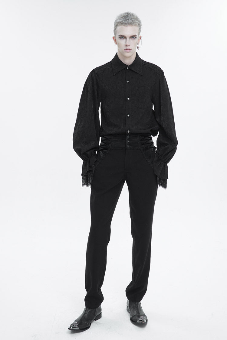 Black Lapel Collar Puff Sleeved Lace Hem Men's Gothic Shirt - Product - 2