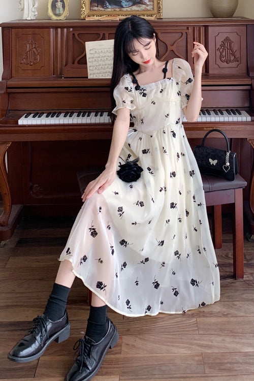 Beige French Square Collar Short Sleeves Rose Print Long Plus Size Sweet Lolita Dress - Product - 4