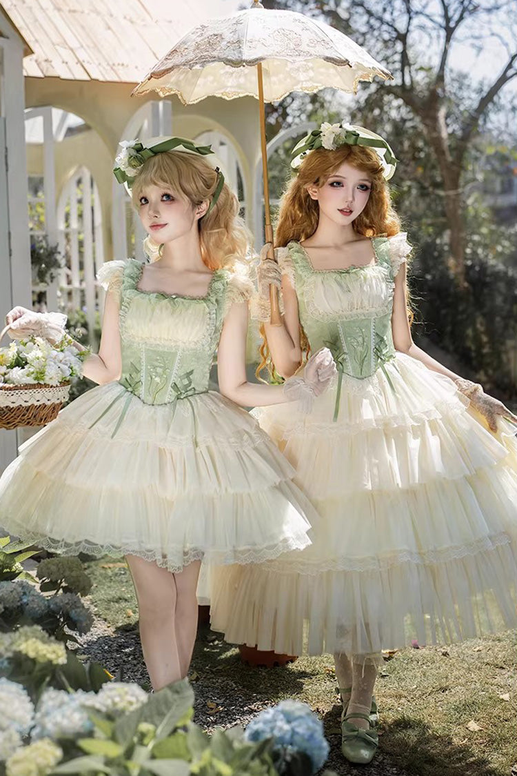 Green [Letters & Poems · Whisper of Lily of the Valley] Square Collar Multi-Layered Ruffled Embroidered Fishbone Sweet Lolita Jsk Dress 2 Versions - Product - 5