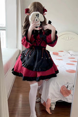 Black/Red Maid Long Sleeves Ruffle Bowknot Gothic Lolita Dress Full Set - Product - 4