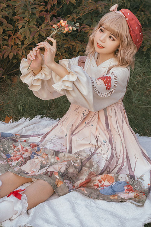 Light Pink Raccoon Print and Ears Round Collar High Waisted Autumn Winter Sweet Lolita JSK Dress - Product - 3