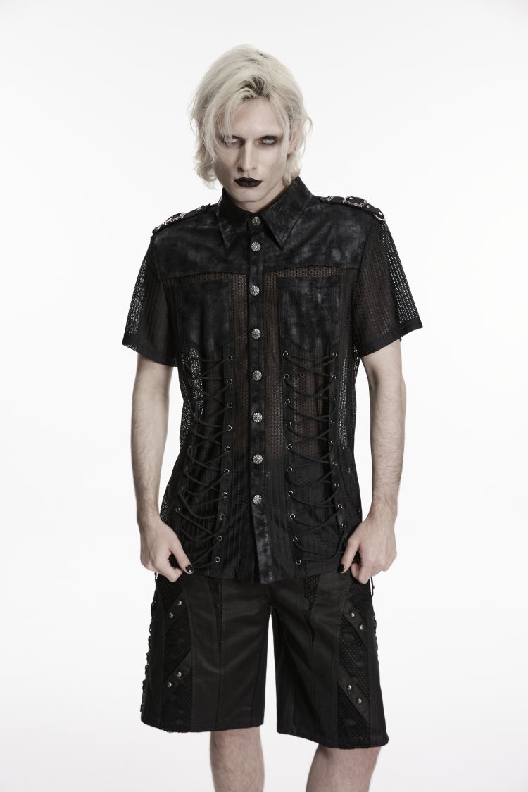 Black Lapel Collar Short Sleeves Spliced Lace-Up Sheer Mesh Eyelet Men's Punk Handsome Shirt - Black - 1