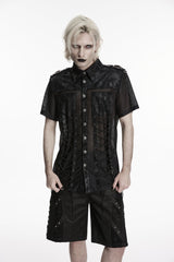 Black Lapel Collar Short Sleeves Spliced Lace-Up Sheer Mesh Eyelet Men's Punk Handsome Shirt - Black - 1