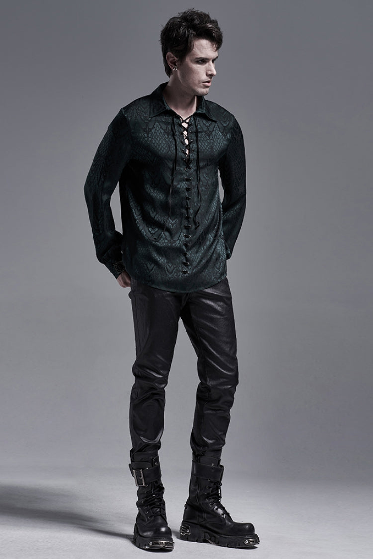Jacquard Long Sleeve Front Metal Eyelets Lace Up Metal Carving Buckle Cuff Men's Gothic Shirt 3 Colors - Product - 18