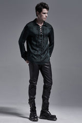 Jacquard Long Sleeve Front Metal Eyelets Lace Up Metal Carving Buckle Cuff Men's Gothic Shirt 3 Colors - Product - 18