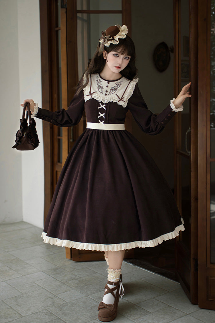 Brown [Miss Brown] Long Sleeves Ruffle Bouquet Embroidery Sweet Lolita Dress (Long Version) - Product - 5
