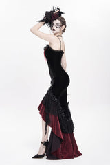 Black/Red Sleeveless Cross Ruffled Floral Embroidered Chain-Decorated Women's Gothic Long Slip Dress - Product - 10