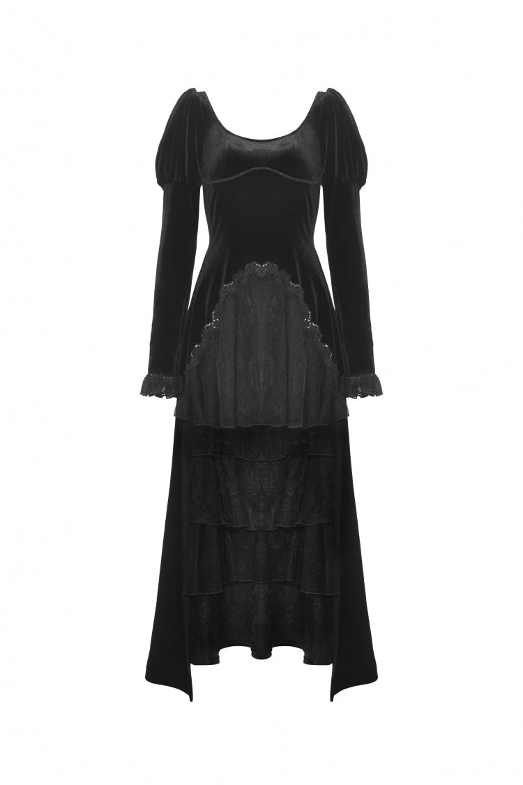 Black Round Collar Long Puff Sleeves Lace Lace-Up Hem High Low Women's Gothic Velvet Wedding Dress - Product - 3