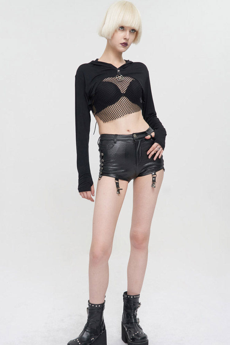 Black Punk Long Sleeve Knitted Chest Mesh Perspective Back Drawstring Adjustment Hoodie Women's Shirt - Product - 4