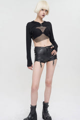 Black Punk Long Sleeve Knitted Chest Mesh Perspective Back Drawstring Adjustment Hoodie Women's Shirt - Product - 4