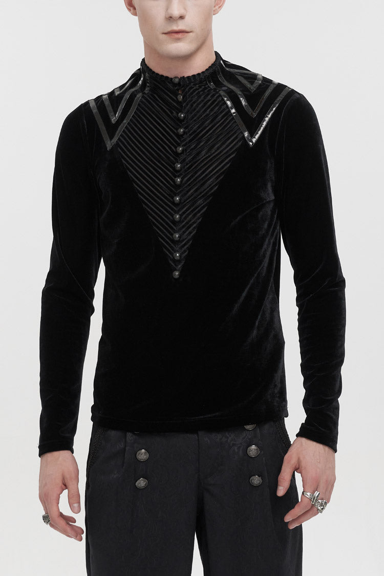 Black Round Collar Long Sleeves Stripes Splice Velvet Men's Gothic Shirt - Black - 1