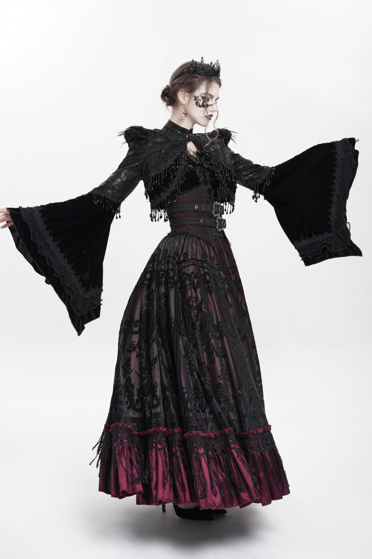 Black Long Sleeves Floral Embroidery Women's Gothic Beaded Frog Short Jacket - Product - 10