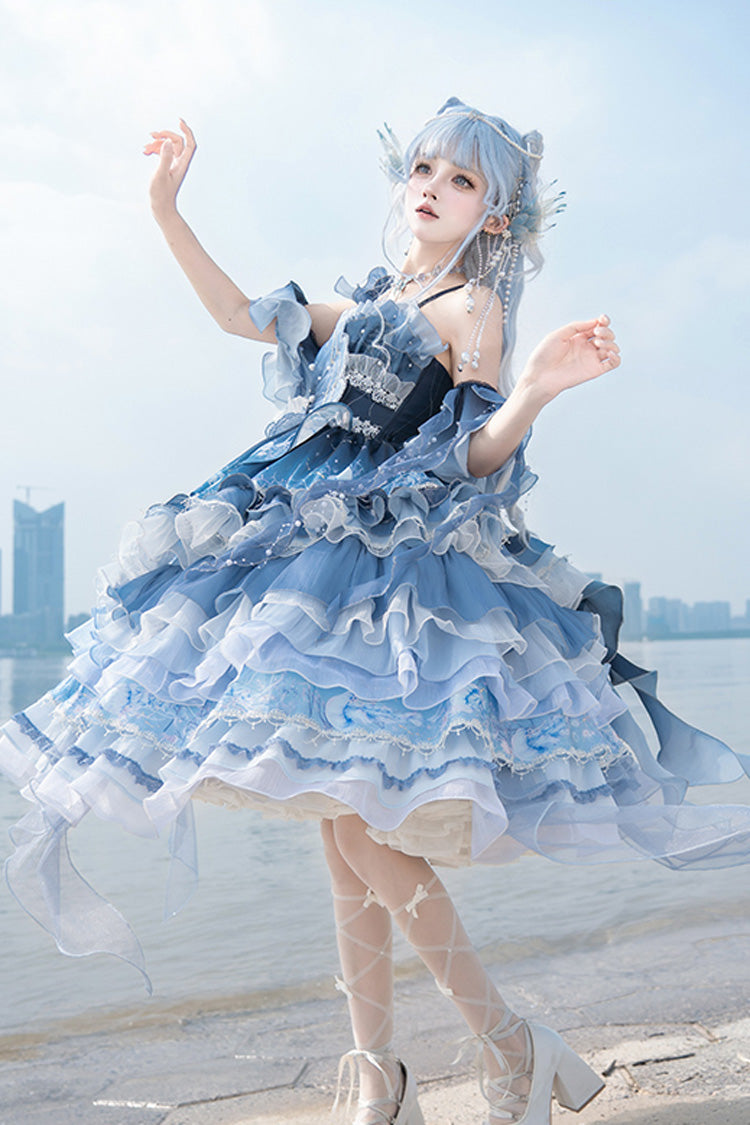 Blue [Jellyfish] Gradient Print Ruffle Embroidery Bowknot Lace Asymmetric Sweet Elegant Lolita Jsk Dress - Product - 5