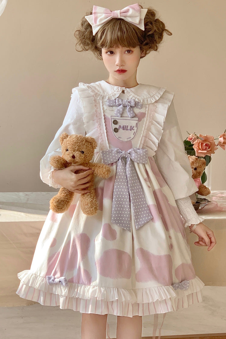 Milk Cow Print Ruffle Bowknot Sweet Lolita Jsk Dress 5 Colors - Pink - 2