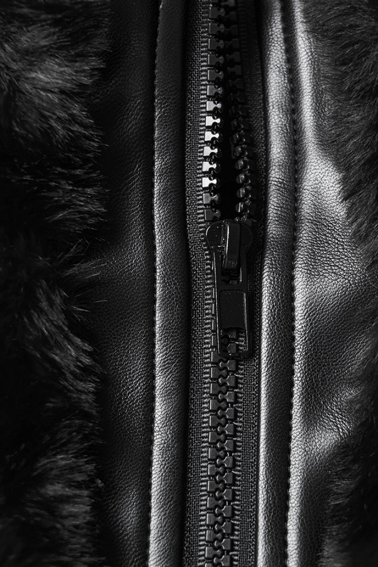 Black Stand Collar Long Sleeves Buckle Straps Faux Fur Women's Punk Short Cloak - Product - 6