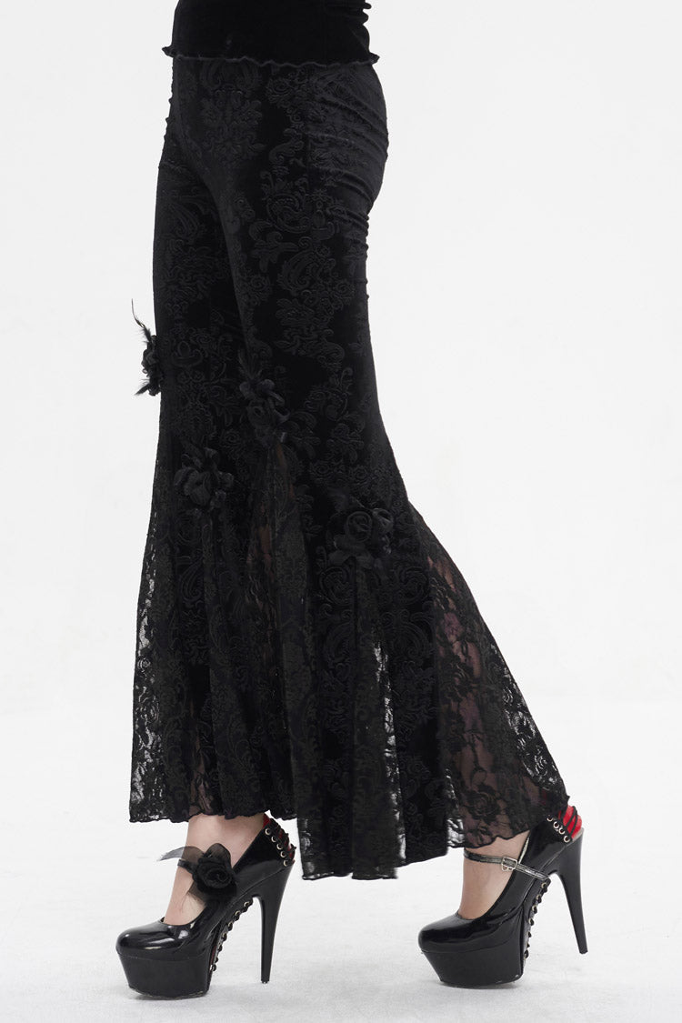 Black Printed Lace Embroidered Women's Gothic Flared Pants - Product - 3