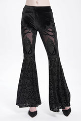 Black Hollow Floral Embroidery Women's Gothic Flared Pants - Black - 1