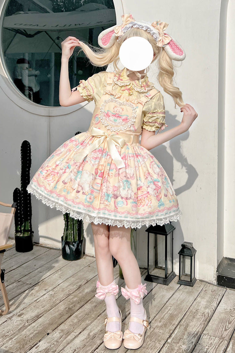 Yellow Sheep's Party Print Bowknot Stitching Lace Sweet Lolita Strap Dress - Product - 2