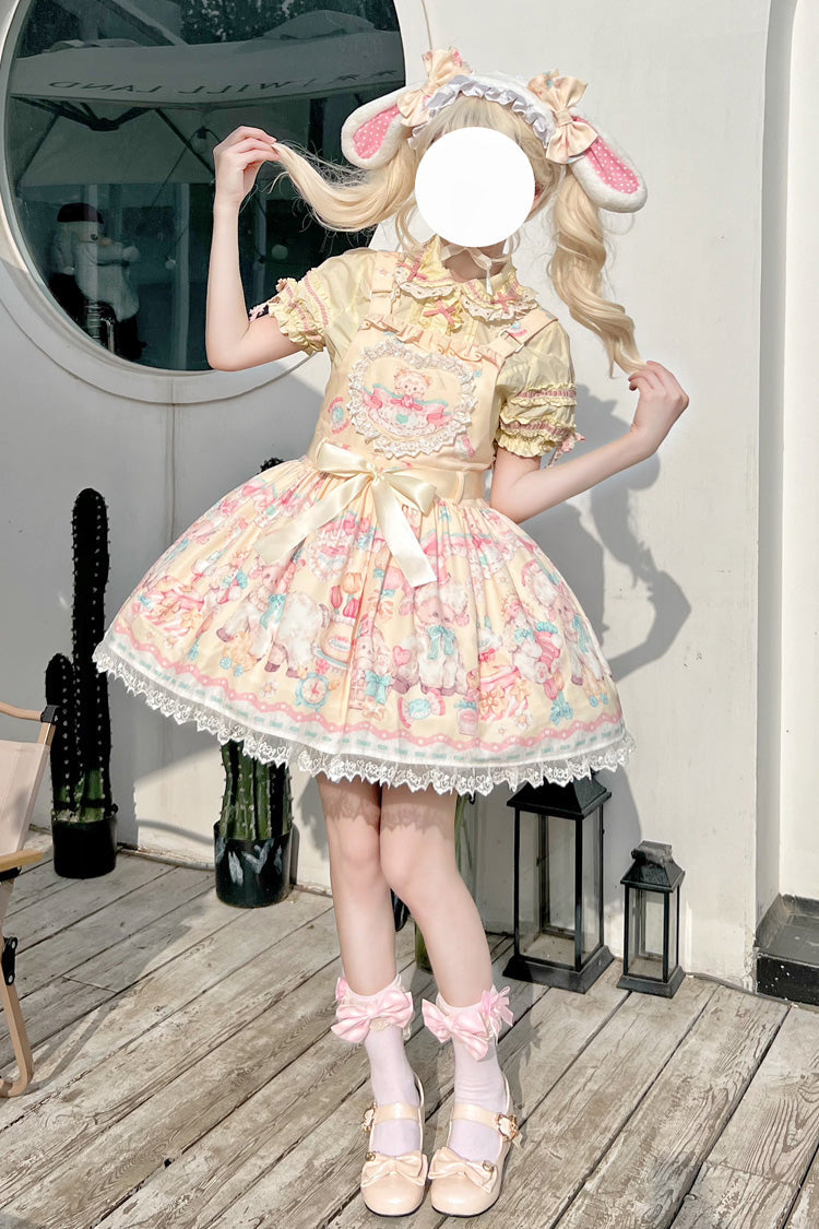 Yellow Sheep's Party Print Bowknot Stitching Lace Sweet Lolita Strap Dress - Product - 2