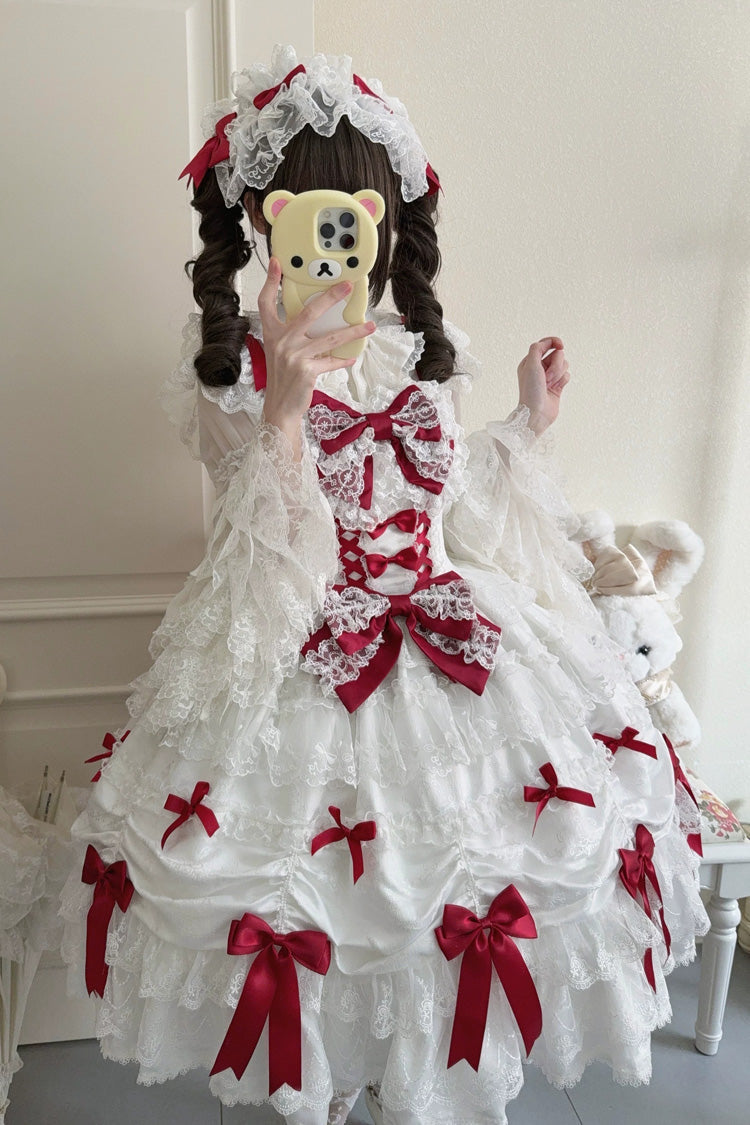 White/Red [Silk Satin Gift Box] Square Collar Sleeveless Multi-Layered Ruffled Bow Lace Sweet Lolita Jsk Dress - Product - 6