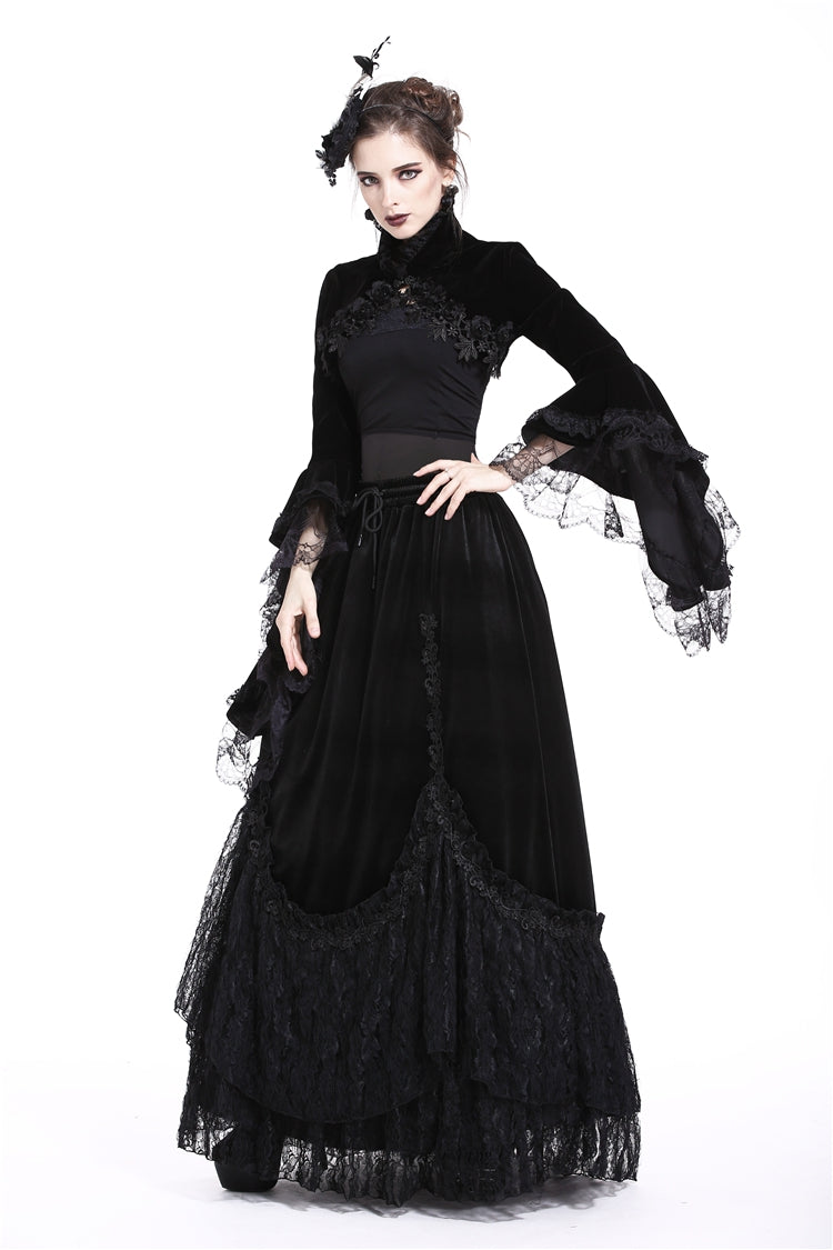 Black Lace Stand Collar Multi-Layered Long Trumpet Sleeves Rosette Velour Women's Gothic Bolero - Product - 2