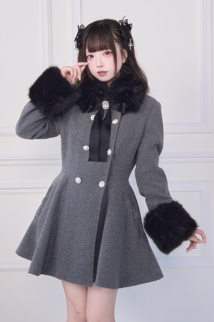 Grey Double-Breasted Long Sleeves Bowknot Japanese Sweet Lolita Coat - Grey - 1