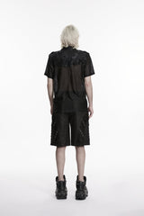 Black Lapel Collar Short Sleeves Spliced Lace-Up Sheer Mesh Eyelet Men's Punk Handsome Shirt - Product - 3