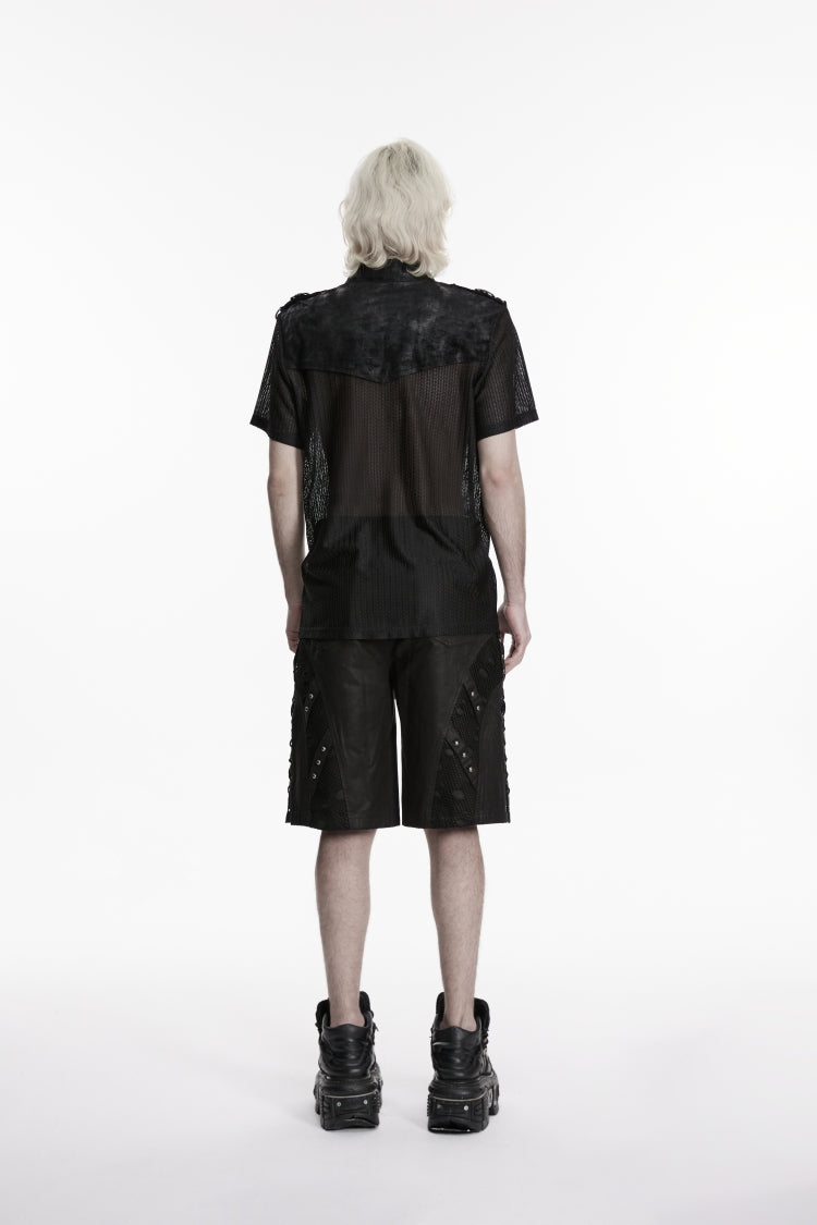 Black Lapel Collar Short Sleeves Spliced Lace-Up Sheer Mesh Eyelet Men's Punk Handsome Shirt - Product - 3