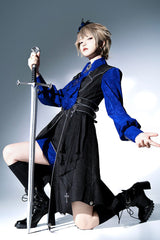 Black/Blue Courtly Knight-Style Long Sleeves Ruffle Embroidery Prince Ouji Lolita Set - Product - 7