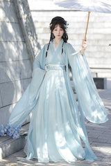 [Spring Harmony] Long Trumpet Sleeves Embroidered Chinese Inspired Hanfu Dress Set 2 Colors - Blue - 1