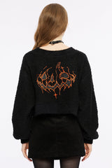 Black Wool Textured V Collar Long Sleeves Women's Gothic T-Shirt - Product - 3