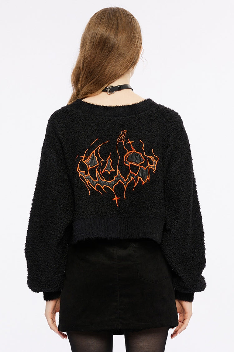 Black Wool Textured V Collar Long Sleeves Women's Gothic T-Shirt - Product - 3