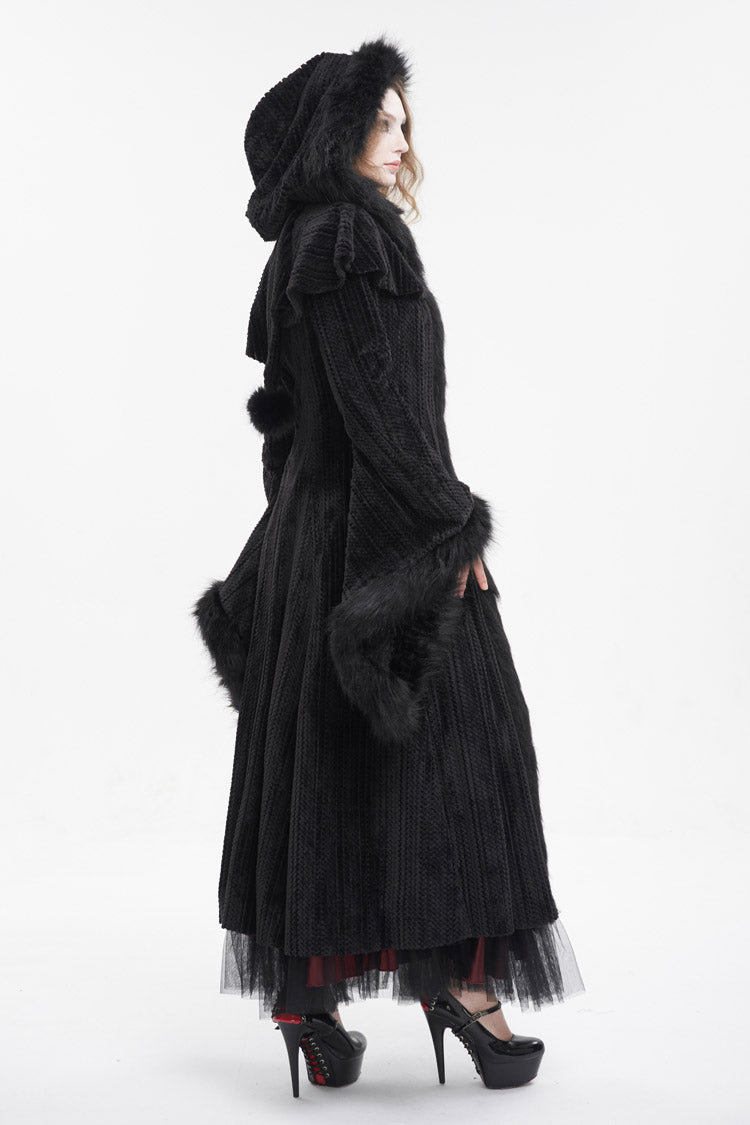 Black Flared Sleeved Fluffy Long Women's Gothic Coat With Hood - Product - 3
