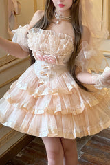 Pink [Mousse Love Song] Off Shoulder Sleeveless Triple-Layered Ruffled Hanayome Bow Sweet Elegant Ballet Lolita Short Dress Set - Pink-Sleeves(Only) - 13