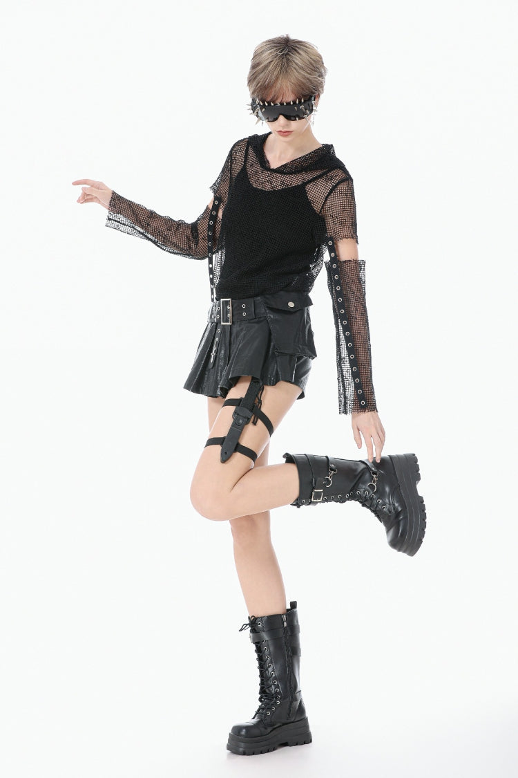 Black Low Waisted Eyelet Women's Punk Shorts with Asymmetric Pleated Belt - Product - 7