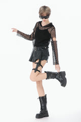 Black Low Waisted Eyelet Women's Punk Shorts with Asymmetric Pleated Belt - Product - 7