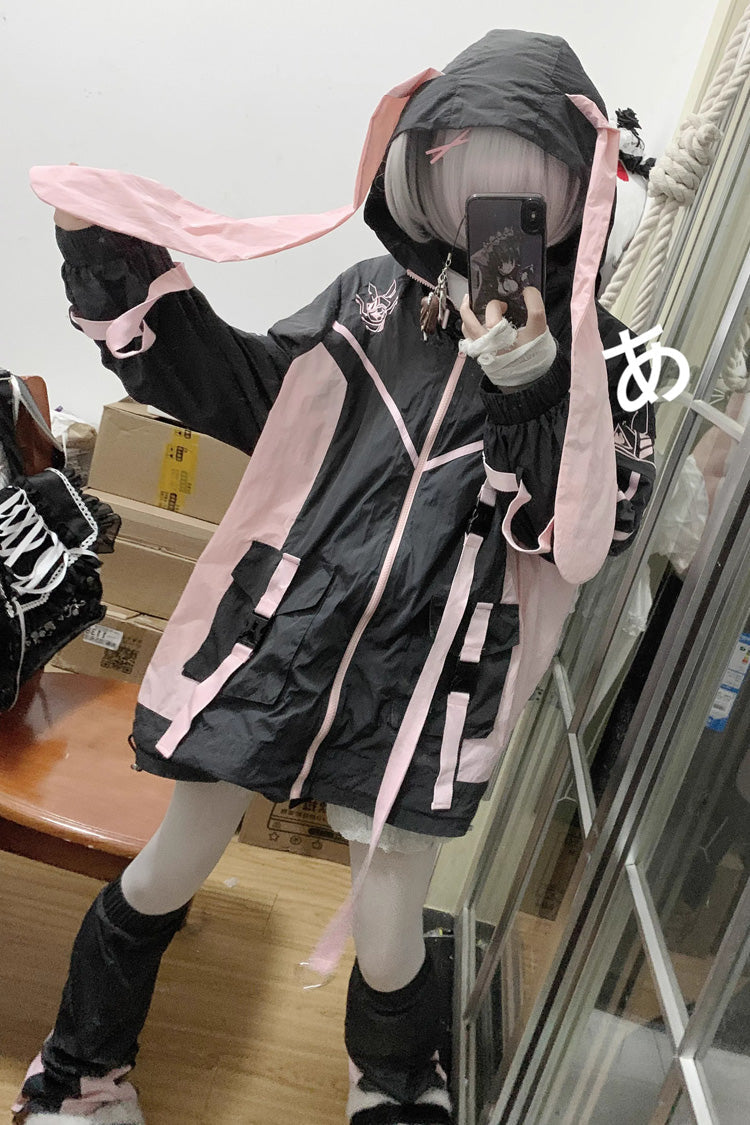 Black/Pink Chip Hacker Cyberpunk Functional Print Hooded Jirai Kei Japanese Sports Coat - Black/Pink - 1