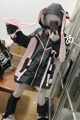 Black/Pink Chip Hacker Cyberpunk Functional Print Hooded Jirai Kei Japanese Sports Coat - Black/Pink - 1