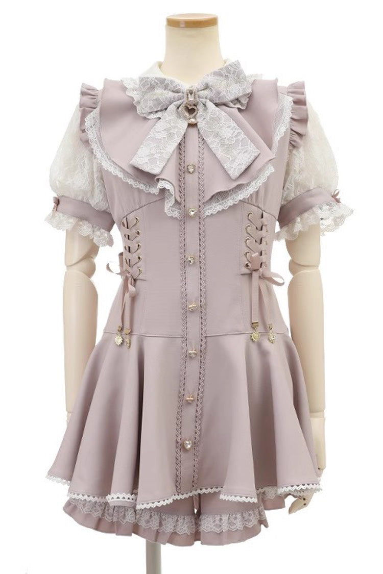 Pink Japanese Diamond Buckle Heart Bow Lace Sweet Jirai Kei Dress Fake Two-piece Set - Pink - 1