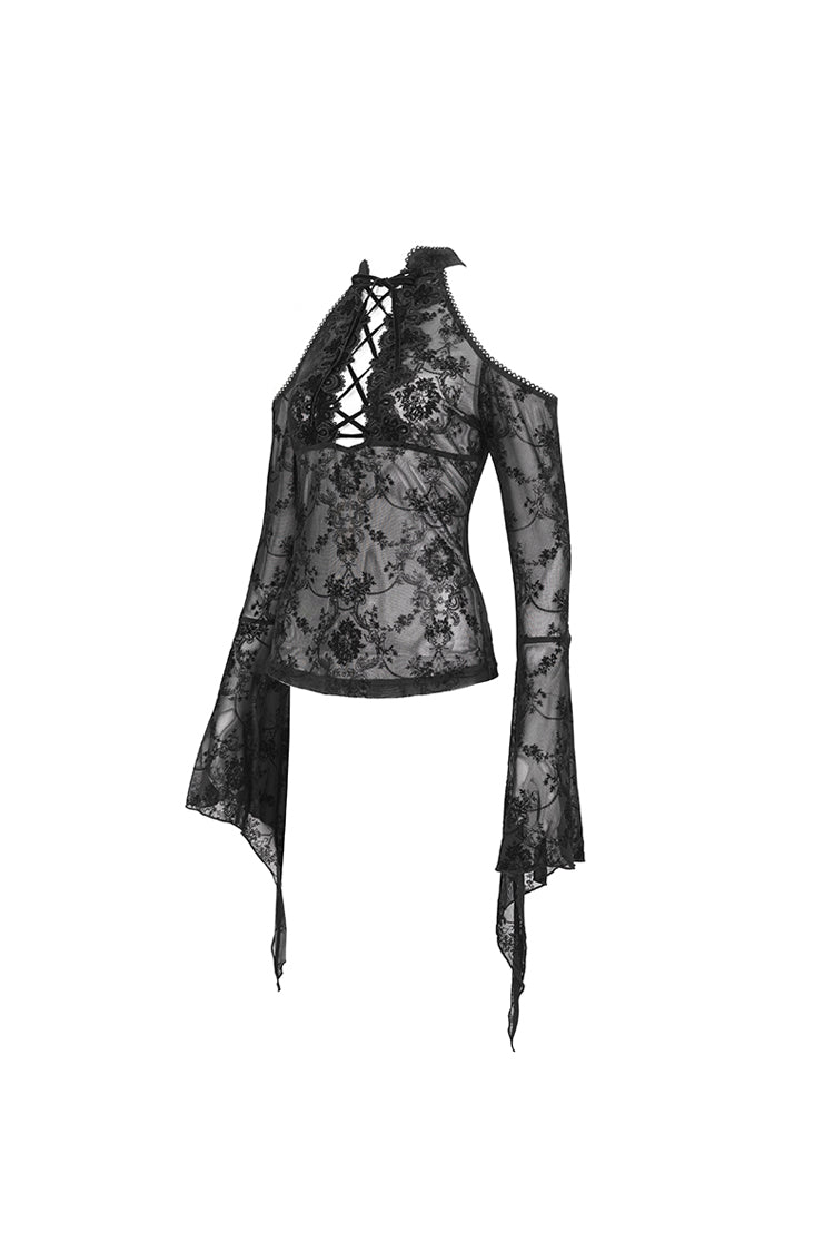 Black Off Shoulder Flared Sleeved Lace Mesh Women's Gothic Shirt - Product - 9