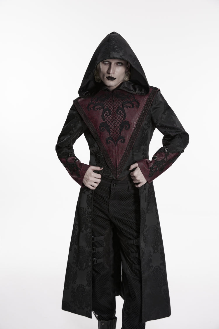 Black/Red Long Sleeves Jacquard Embroidered Spliced Lace Hooded Color-Blocked Men's Punk Cool Coat - Black/Red - 1