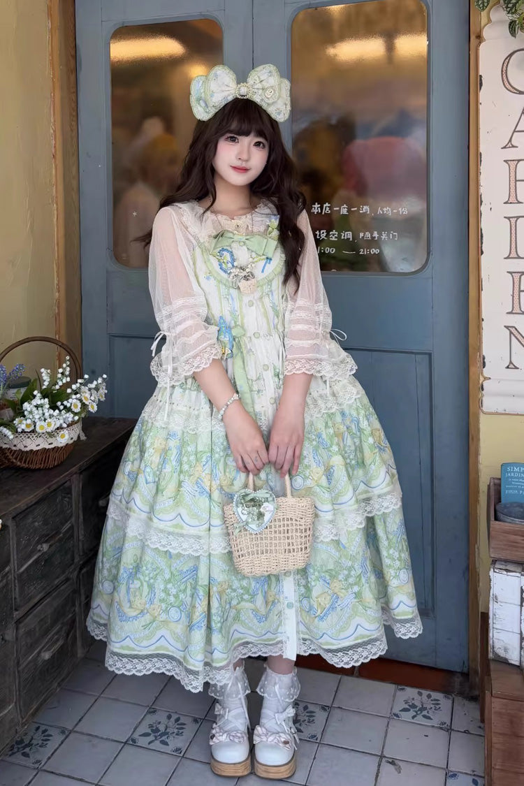 Ivory/Green [Lily of the Valley Perfume] Pearl Candy Tea Doll Collar Sleeveless Printed Lace Plus Size Sweet Lolita Jsk Dress - Product - 13